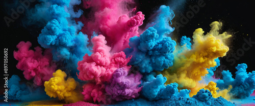 Creative Marketing Campaign, Explosion of Vibrant Colored Powder in Dark Background, Abstract, Colorful, Explosion, Powder, Vibrant, Art, Creative, Dynamic, Energy, Festival, Paint, Contrast