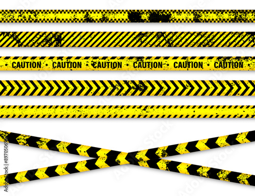 Old grunge barricade construction tape. Yellow police warning line, brightly colored danger or hazard stripe, ribbon. Restricted area, zone. Attention symbol. Vector illustration