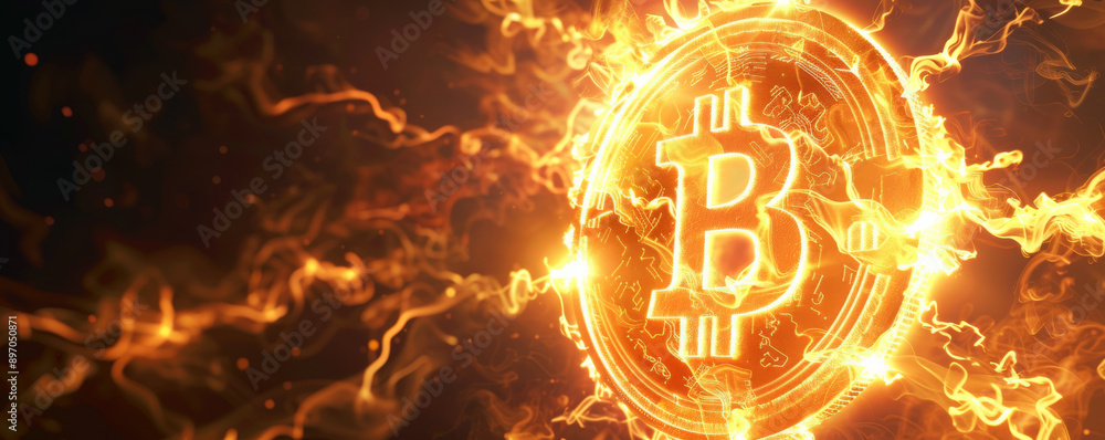 Bitcoin symbol engulfed in flames, fiery Bitcoin symbol engulfed in flames, fiery