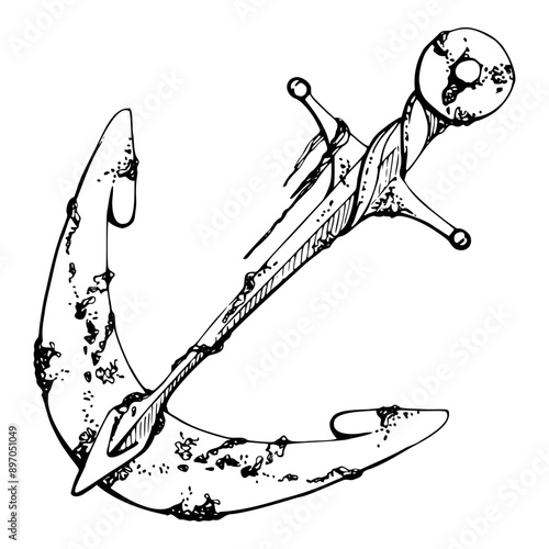 Ship anchor rusted shipwreck with algae, Marine life, sea ocean underwater, Ink and pen sketch hand drawn. Single object illustration stylized, isolated on white. Zoo shop, aquarium, cosmetics, resort