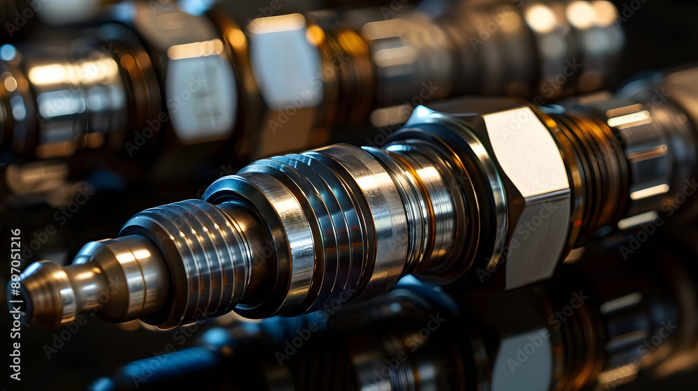 Close up of nickel electrode spark plugs for gas engines in an automotive repair setting on a black background Close up of nickel electrode spark plugs for gas engines in an automotive repair setting on a black background