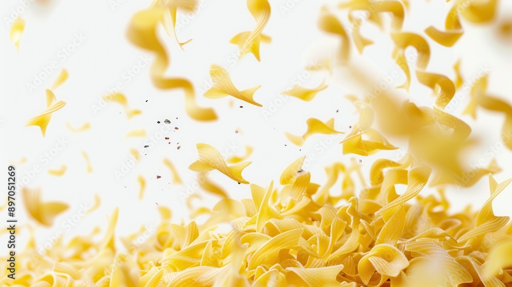 A close-up shot of uncooked Italian pasta falling gracefully onto a white background. Generative AI A close-up shot of uncooked Italian pasta falling gracefully onto a white background. Generative AI