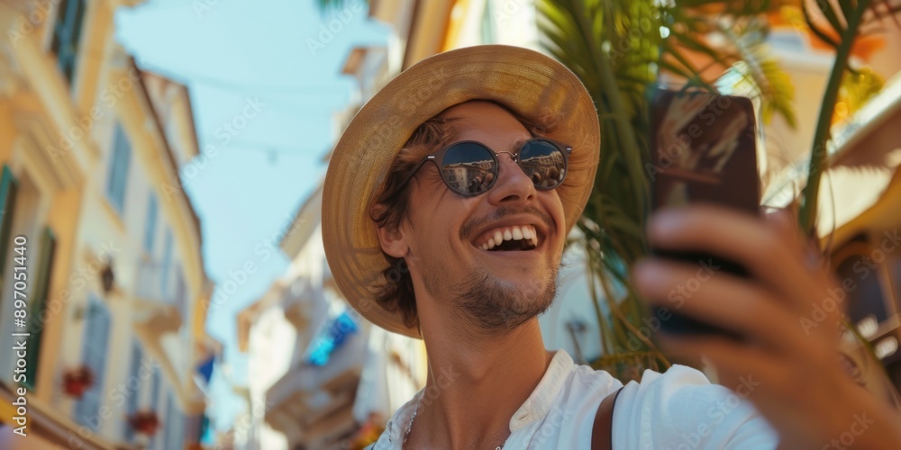 A person with a straw hat and sunglasses takes a photo of themselves, possibly for social media or a fun moment A person with a straw hat and sunglasses takes a photo of themselves, possibly for social media or a fun moment
