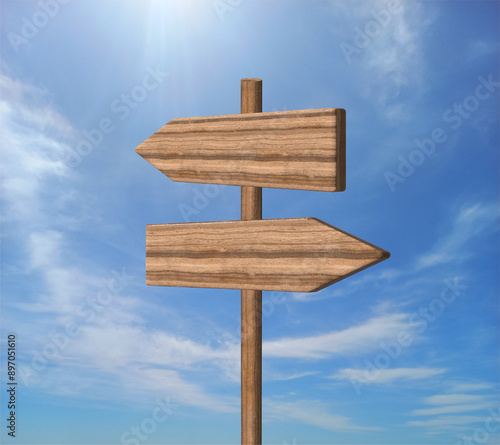 Blank road signpost against blue sky with clouds. Old Empty wooden road sign, arrows, choice and directions signs. Signpost Showing Information. Wooden pointer. Guide sign