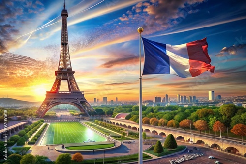 July 14 is the National Day of France. The national flag of France on the background of the Eiffel Tower. Tricolor. The concept of the Olympic Games in France 2024 photo