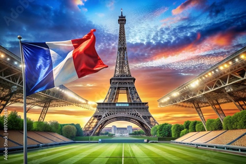 July 14 is the National Day of France. The national flag of France on the background of the Eiffel Tower. Tricolor. The concept of the Olympic Games in France 2024 photo