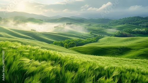 Green Hills and Rolling Fields in Spring