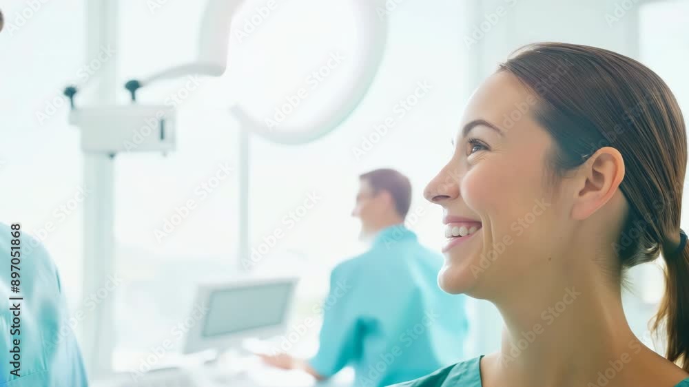 Smiling woman in medical setting with healthcare professionals in the background, bright and clean Smiling woman in medical setting with healthcare professionals in the background, bright and clean
