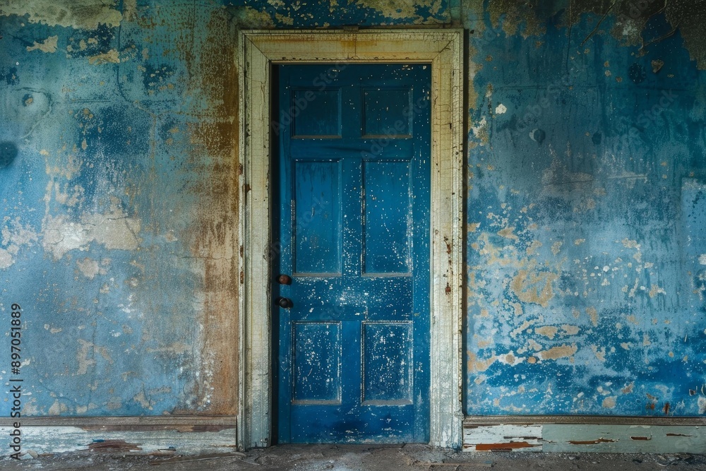 Old blue door standing in abandoned house interior with peeling paint on the walls Old blue door standing in abandoned house interior with peeling paint on the walls