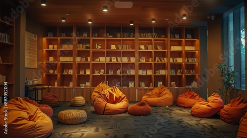 A warm and inviting library space with a large bookshelf filled with books and multiple orange bean bags scattered throughout the room, perfect for relaxing and reading. photo