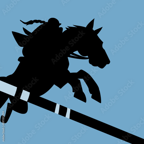 Vector Silhouette of Equestrian Horse Jumping Over Obstacle with Rider