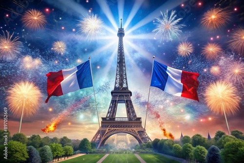 July 14 is the National Day of France. The national flag of France on the background of the Eiffel Tower. Tricolor. The concept of the Olympic Games in France 2024 photo