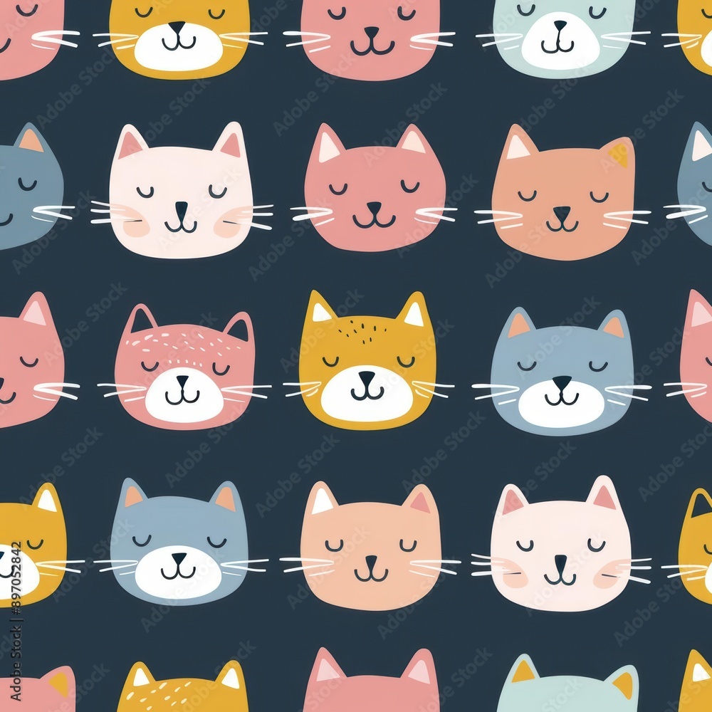 Cute Pattern of Colorful Cat Faces on Dark Background Cute Pattern of Colorful Cat Faces on Dark Background