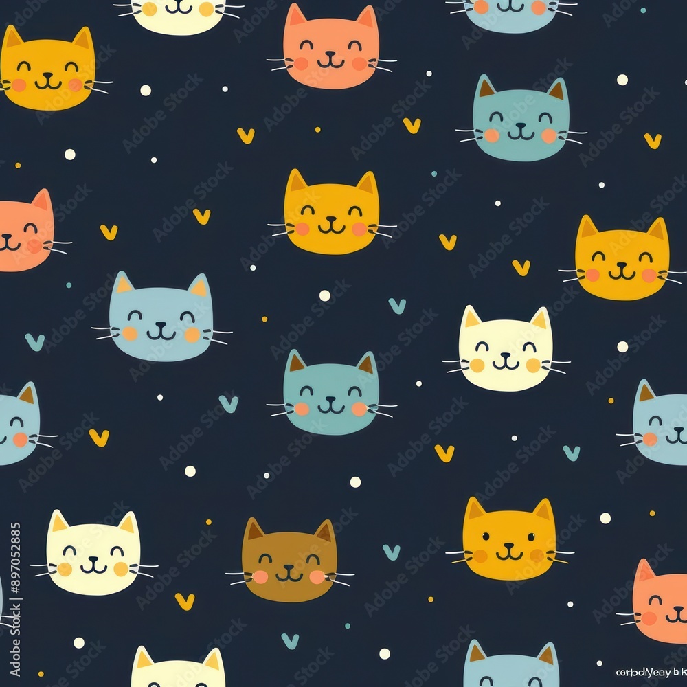 Colorful Cartoon Cat Faces Pattern on Dark Blue Background Colorful Cartoon Cat Faces Pattern on Dark Blue Background
