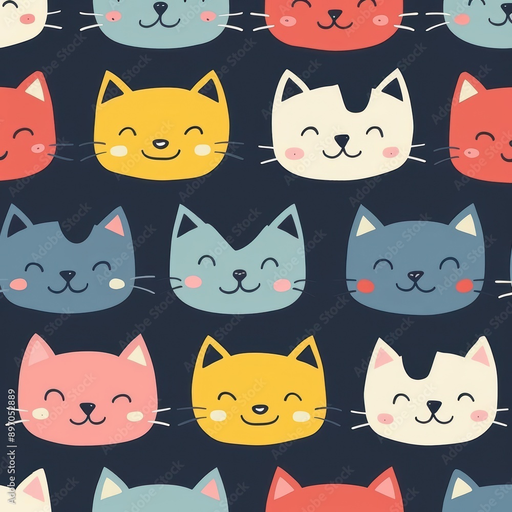 Colorful Cat Faces on Dark Background Seamless Pattern Colorful Cat Faces on Dark Background Seamless Pattern