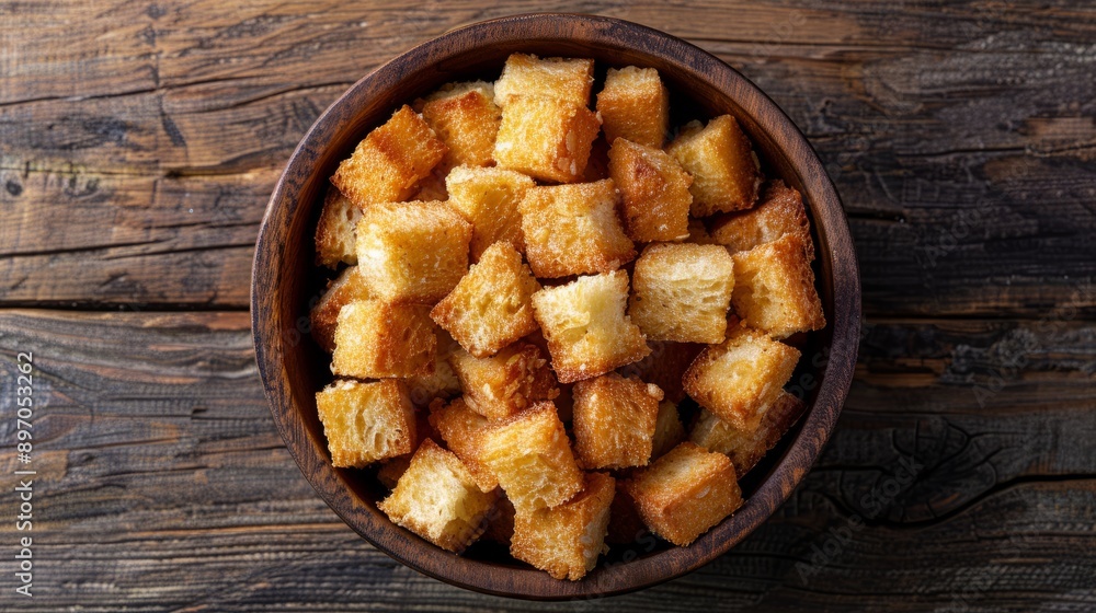 Croutons in a Bowl on a Wooden Surface Croutons in a Bowl on a Wooden Surface