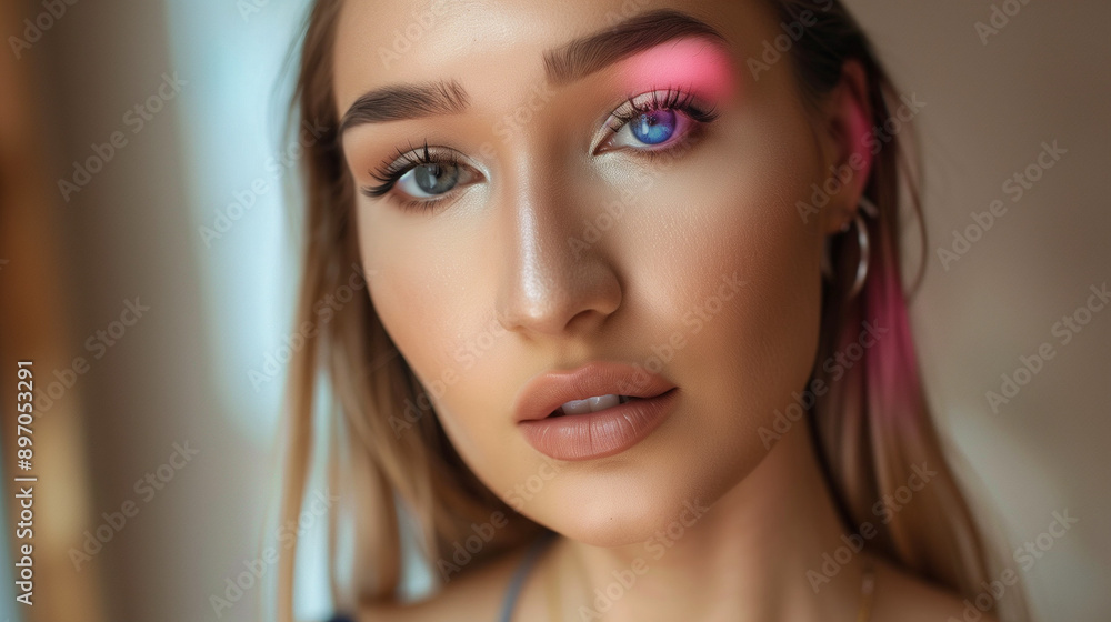 Close-Up of Woman's Face with Pink and Blue Light Reflections Close-Up of Woman's Face with Pink and Blue Light Reflections