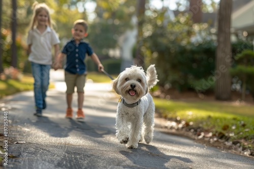 Fototapeta Naklejka Na Ścianę i Meble -  Children walk dog on sunny day in suburb