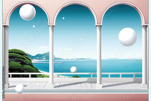 Surreal Coastal View Through Arched Windows with Floating Spheres