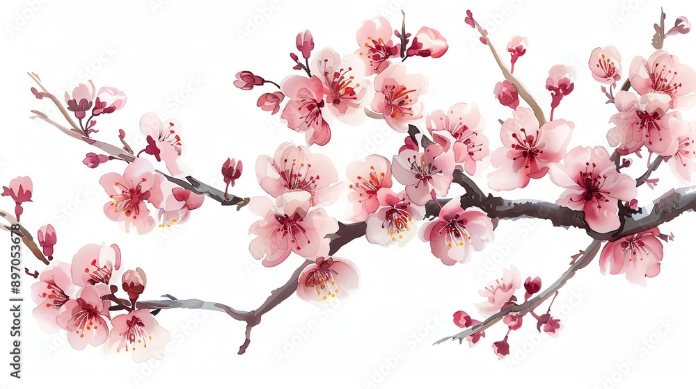 Dreamy cherry blossoms, on white, symbolizing renewal and beauty for an inspiring nursery setting Dreamy cherry blossoms, on white, symbolizing renewal and beauty for an inspiring nursery setting