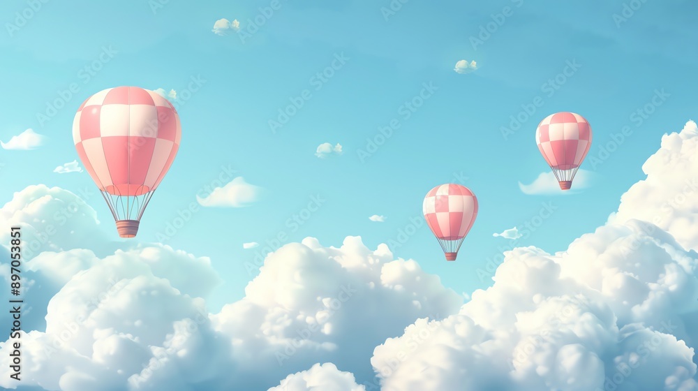 Dreamy hot air balloons floating in a sky with fluffy clouds, for whimsical nursery themes Dreamy hot air balloons floating in a sky with fluffy clouds, for whimsical nursery themes