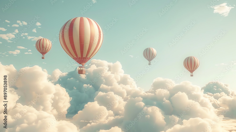 Obraz premium Dreamy hot air balloons floating in a sky with fluffy clouds, for whimsical nursery themes