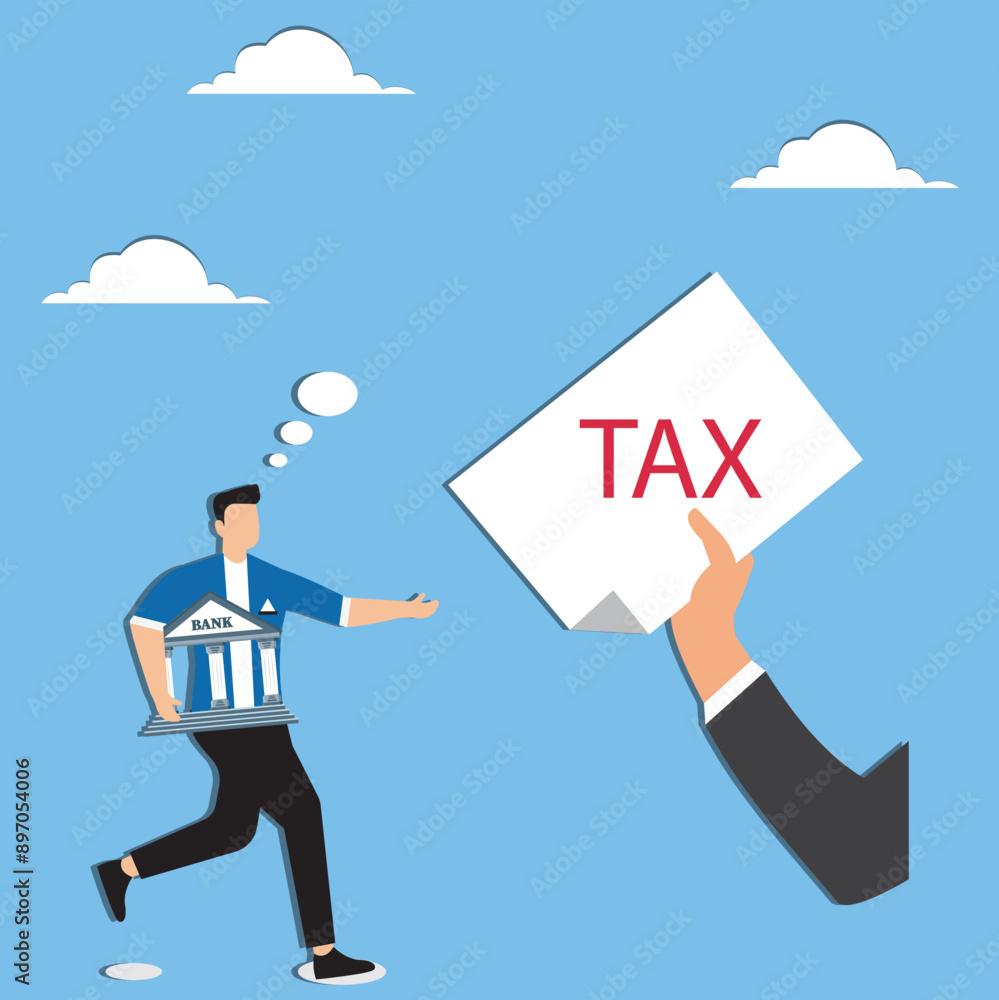 Income tax burden or wealth tax, businessman holding saving bank looking at tax bills, financial charge and duty to pay for government, wealth management concept Income tax burden or wealth tax, businessman holding saving bank looking at tax bills, financial charge and duty to pay for government, wealth management concept