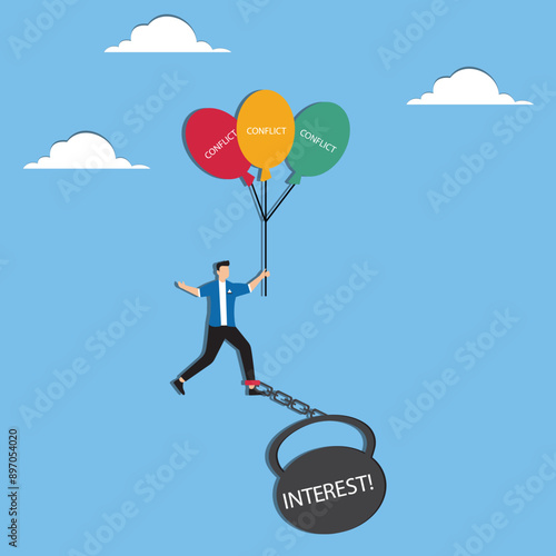 Conflict or interest decision, conflict management concept, confused businessman who is bound by a balloon of interests and weight ball of conflict