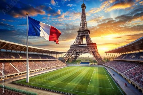 July 14 is the National Day of France. The national flag of France on the background of the Eiffel Tower. Tricolor. The concept of the Olympic Games in France 2024 photo