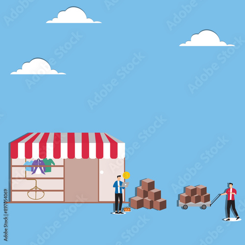 Product Distribution Franchising, checking stock of goods from franchise businesses, businessman stands next to a franchise shop while checking the availability of raw goods