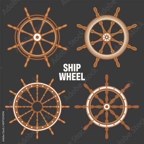 Wooden vintage steering wheels. Ship, sailboat or yacht retro wheel symbol. Brown nautical rudder icon. Marine logotype design element. Vector illustration
