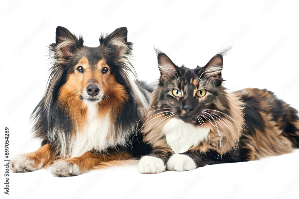 Fototapeta premium Shetland Dog with Maine Coon Cat, Isolated on White Background