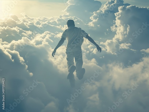 A person soaring through the air surrounded by white clouds, suitable for use in illustrations about adventure, freedom, or inspiration