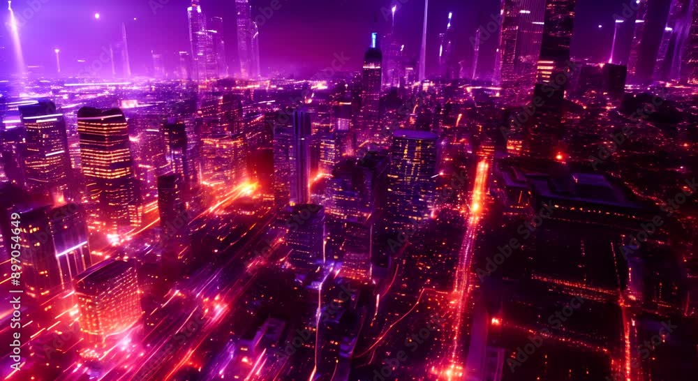 Cityscape at night. Neon lights illuminate a city skyline. Cityscape at night. Neon lights illuminate a city skyline.