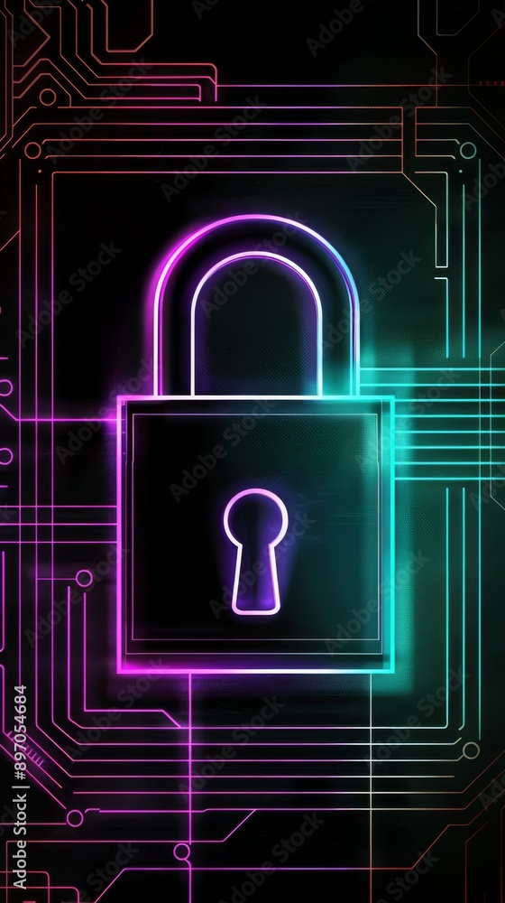Neon lock on digital circuit background, cybersecurity concept Neon lock on digital circuit background, cybersecurity concept
