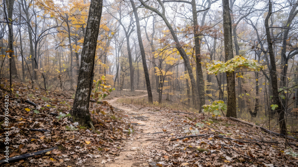 Fototapeta premium Enchanted autumn forest with tall trees covered in vibrant fall colors, a misty atmosphere, and a narrow trail leading deeper into the woods.