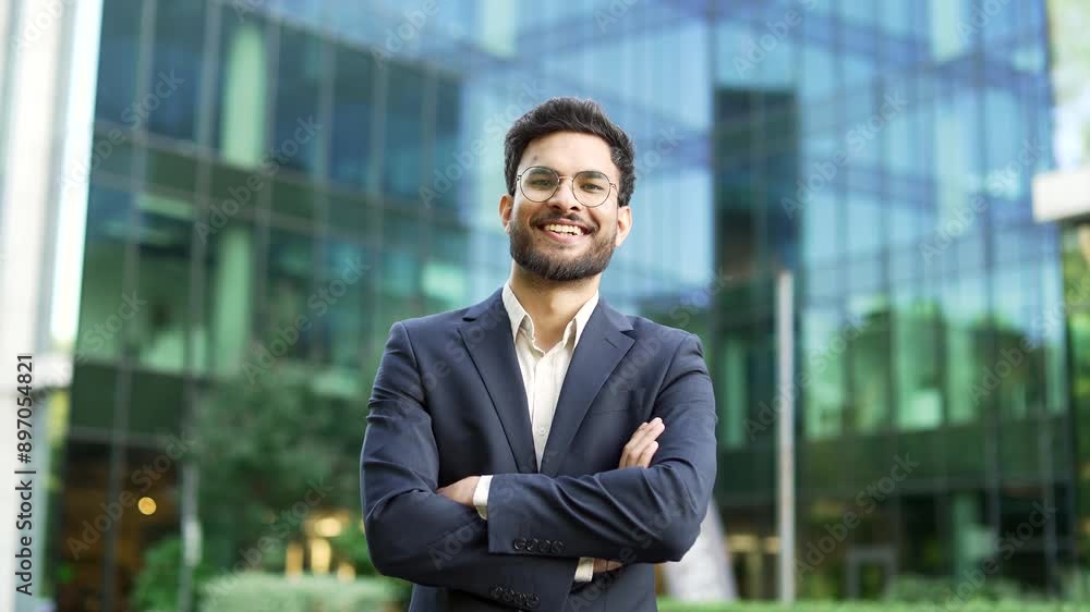 Portrait of a happy handsome businessman in formal suit standing on the street near an business office building. Smiling friendly man posing with crossed arms looking at camera. Head shot of owner Portrait of a happy handsome businessman in formal suit standing on the street near an business office building. Smiling friendly man posing with crossed arms looking at camera. Head shot of owner