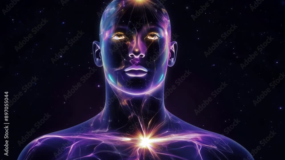 Concept of meditation and spiritual practice: Digital Humanoid Avatar with Illuminated Chakras and Ethereal Aura Concept of meditation and spiritual practice: Digital Humanoid Avatar with Illuminated Chakras and Ethereal Aura