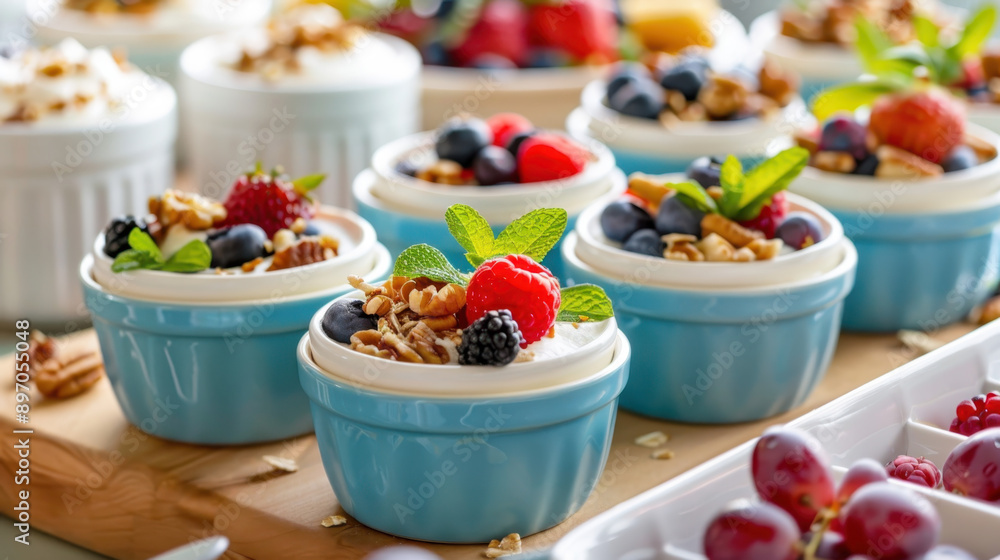 Assorted yogurt parfaits in stylish blue ramekins topped with fresh berries, granola, and mint leaves on a wooden serving board Assorted yogurt parfaits in stylish blue ramekins topped with fresh berries, granola, and mint leaves on a wooden serving board