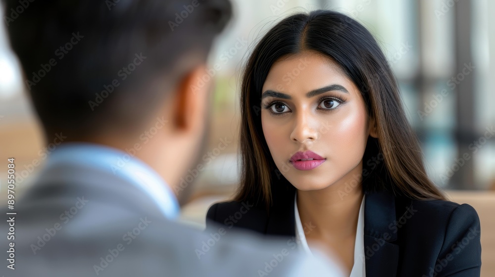 A determined Indian businesswoman strategizes on a sleek, minimalistic background, showcasing her focus and ambition. A determined Indian businesswoman strategizes on a sleek, minimalistic background, showcasing her focus and ambition.