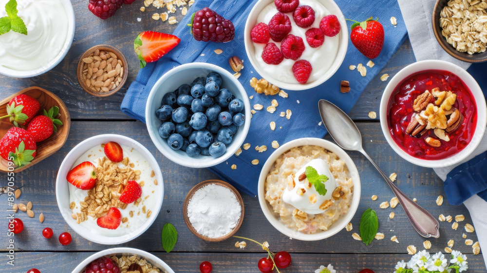 Delicious assortment of healthy breakfast items featuring yogurt, fresh berries, granola, and oats arranged on a rustic wooden table Delicious assortment of healthy breakfast items featuring yogurt, fresh berries, granola, and oats arranged on a rustic wooden table