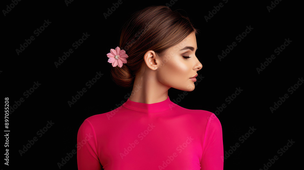 Stylish young woman in pink tulle dress standing in a studio setting. Stylish young woman in pink tulle dress standing in a studio setting.
