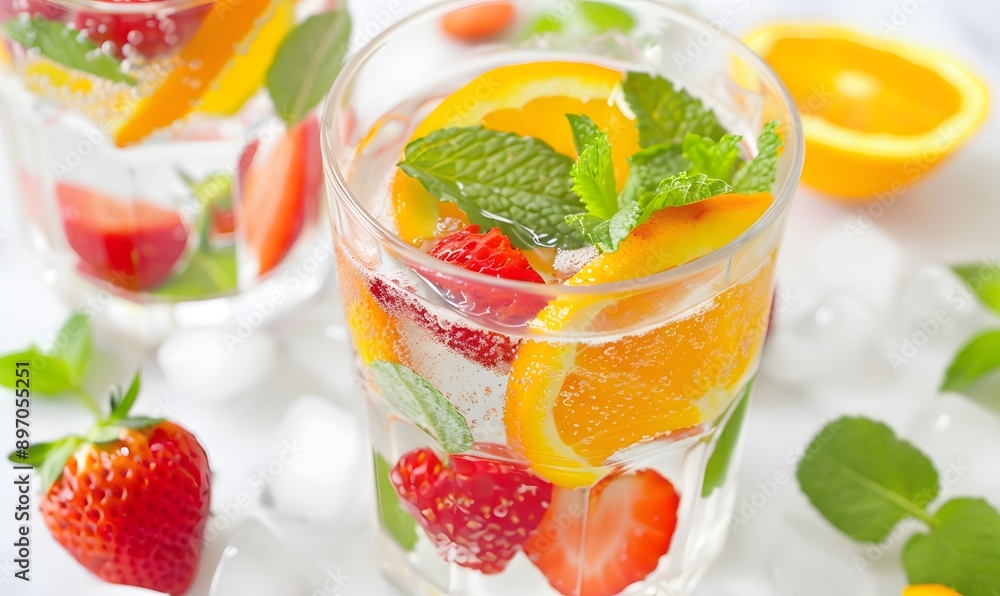 Summer Beverage with Strawberries, Oranges, and Mint, Generative AI Summer Beverage with Strawberries, Oranges, and Mint, Generative AI