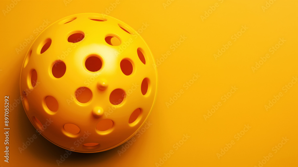 Fototapeta premium Yellow perforated plastic ball against a uniform orange background resembling a practice golf ball or Wiffle ball.