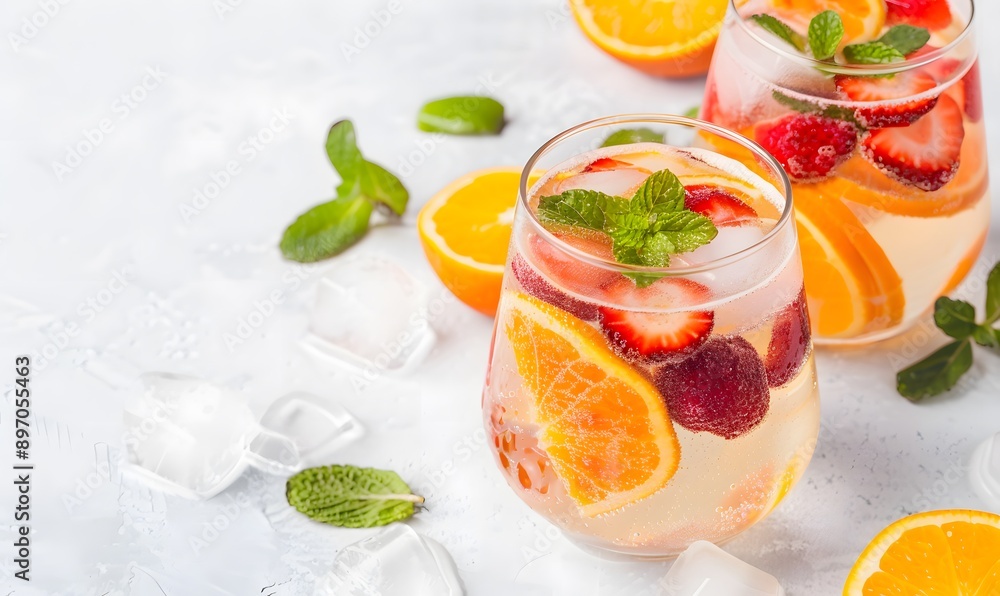 Summer Beverage with Strawberries, Oranges, and Mint, Generative AI Summer Beverage with Strawberries, Oranges, and Mint, Generative AI