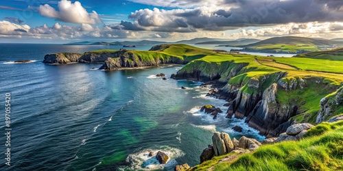 Rocky coastline view from a grassy hilltop in Ireland, Ireland, coastline, rocky, grassy, hilltop, ocean, nature, scenic