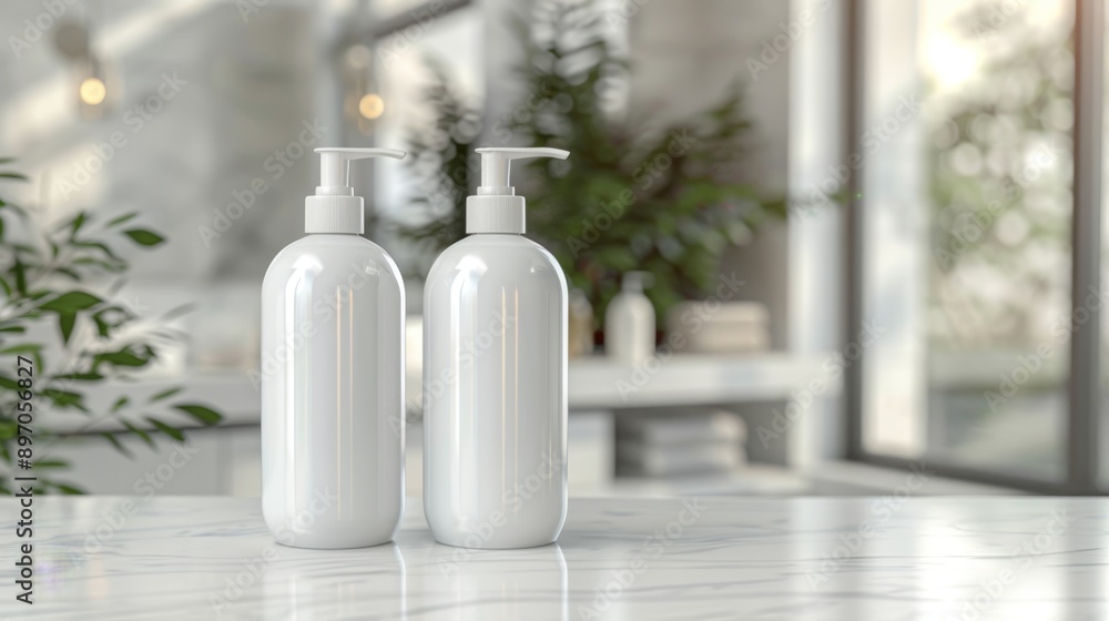 Two White Pump Bottles on a Marble Countertop Two White Pump Bottles on a Marble Countertop