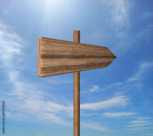 Blank road signpost against blue sky with clouds. Old Empty wooden road sign, arrows, choice and directions signs. Signpost Showing Information. Wooden pointer. Guide sign. 