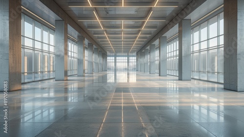 Empty Modern Office Space With Large Windows and a Concrete Ceiling