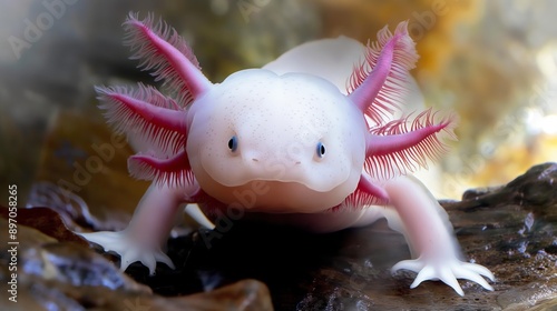 Close-Up of a White Axolotl with Bright Pink Gills on a Rock